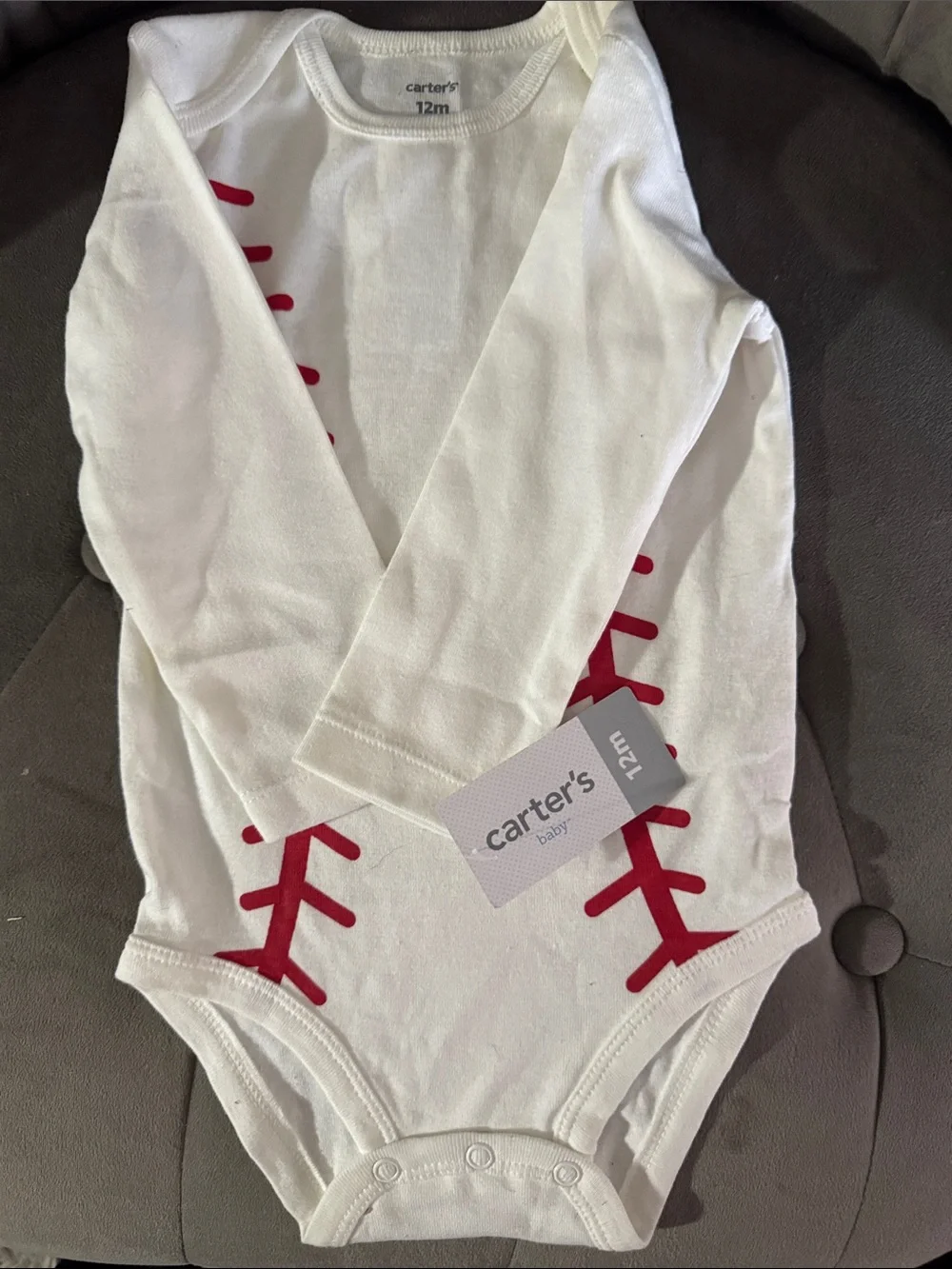 Carter's White One-Piece Bodysuit with Red Baseball Stitching